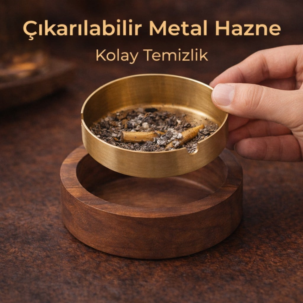 Polham Paslanmaz Çelik Yuvarlak Ultra Şık Küllük, Kapaklı Ceviz Ağacı Paslanmaz Çelik Kül Tablası