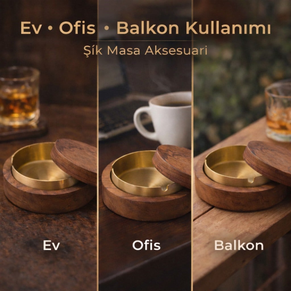 Polham Paslanmaz Çelik Yuvarlak Ultra Şık Küllük, Kapaklı Ceviz Ağacı Paslanmaz Çelik Kül Tablası