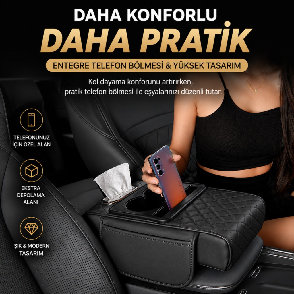 Polham Premium Araç Kol Dayama Organizeri Telefonluk, Bardaklık Saklama Bölmeli ve Peçetelik Organizer