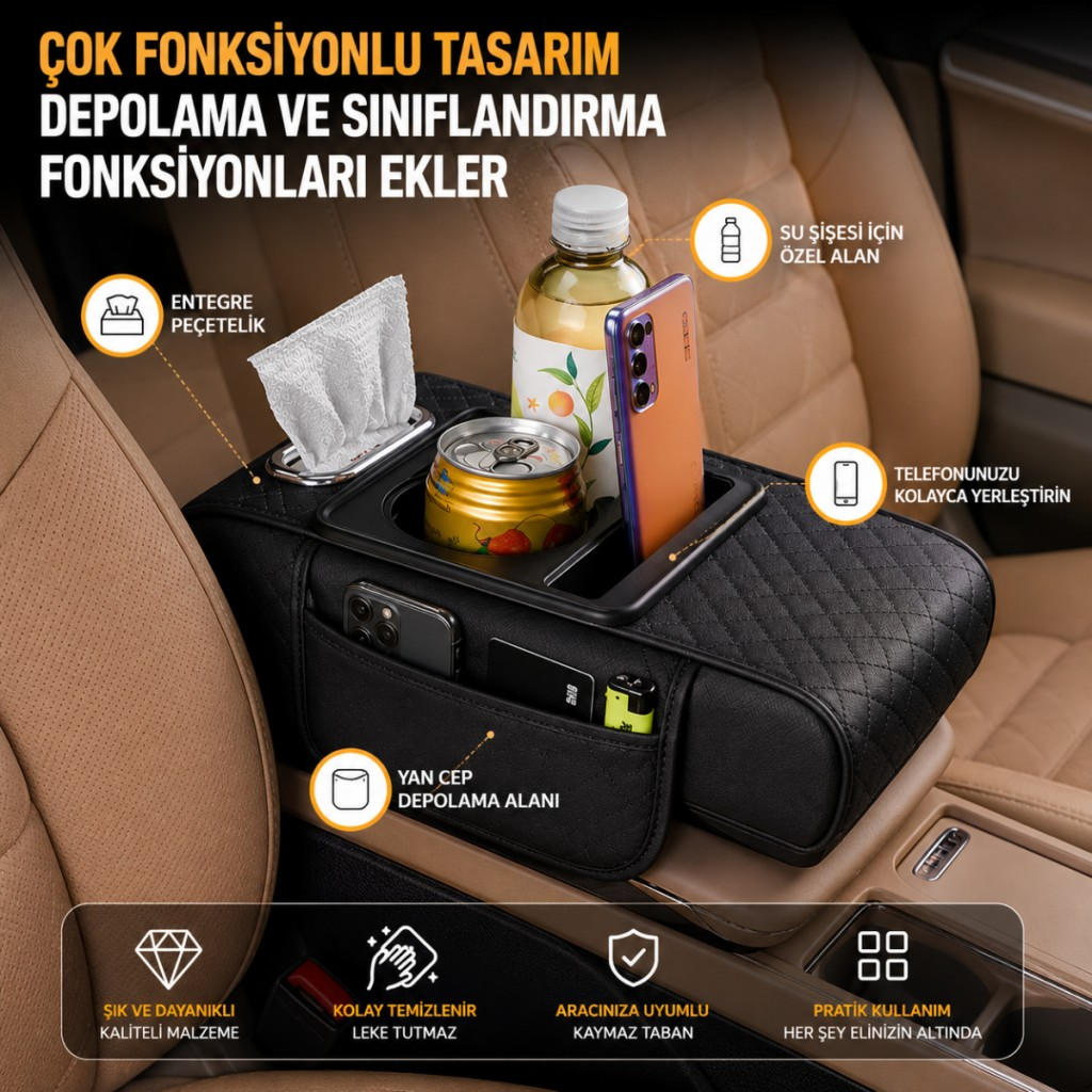 Polham Premium Araç Kol Dayama Organizeri Telefonluk, Bardaklık Saklama Bölmeli ve Peçetelik Organizer