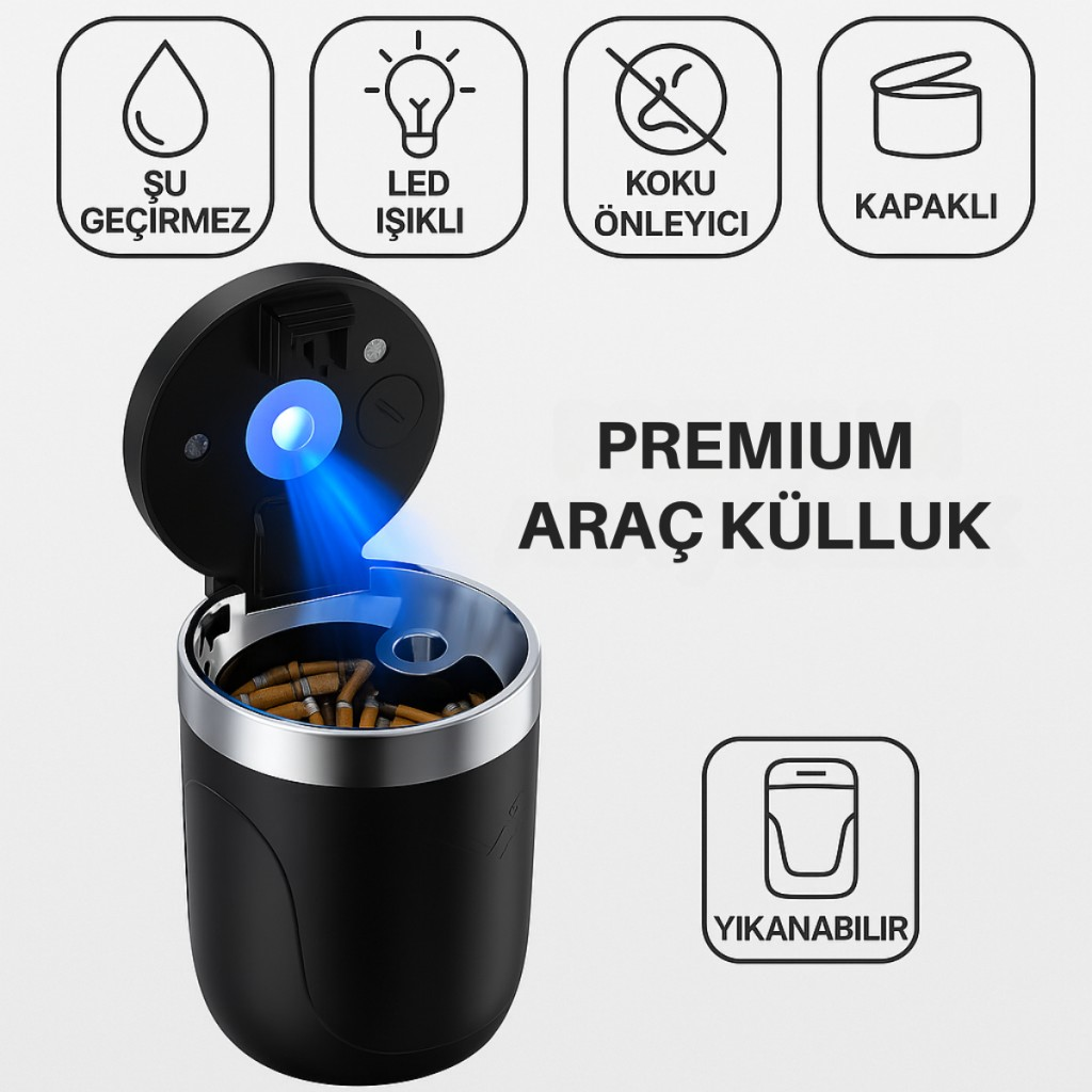 Polham Premium Araç Küllük,Su Geçirmez, Led Işıklı, Koku Önleyici, Kapaklı, Yıkanabilir, Su Geçirmez