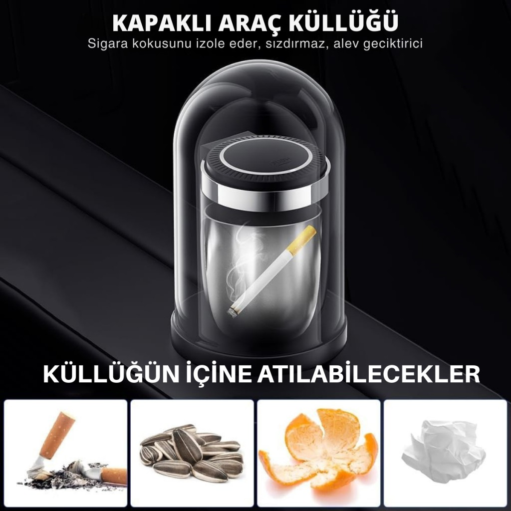 Polham Premium Araç Küllük,Su Geçirmez, Led Işıklı, Koku Önleyici, Kapaklı, Yıkanabilir, Su Geçirmez