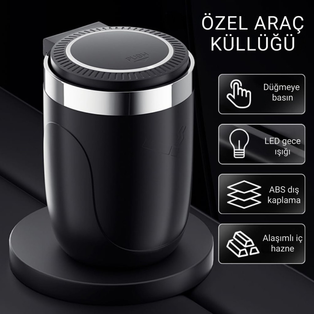 Polham Premium Araç Küllük,Su Geçirmez, Led Işıklı, Koku Önleyici, Kapaklı, Yıkanabilir, Su Geçirmez