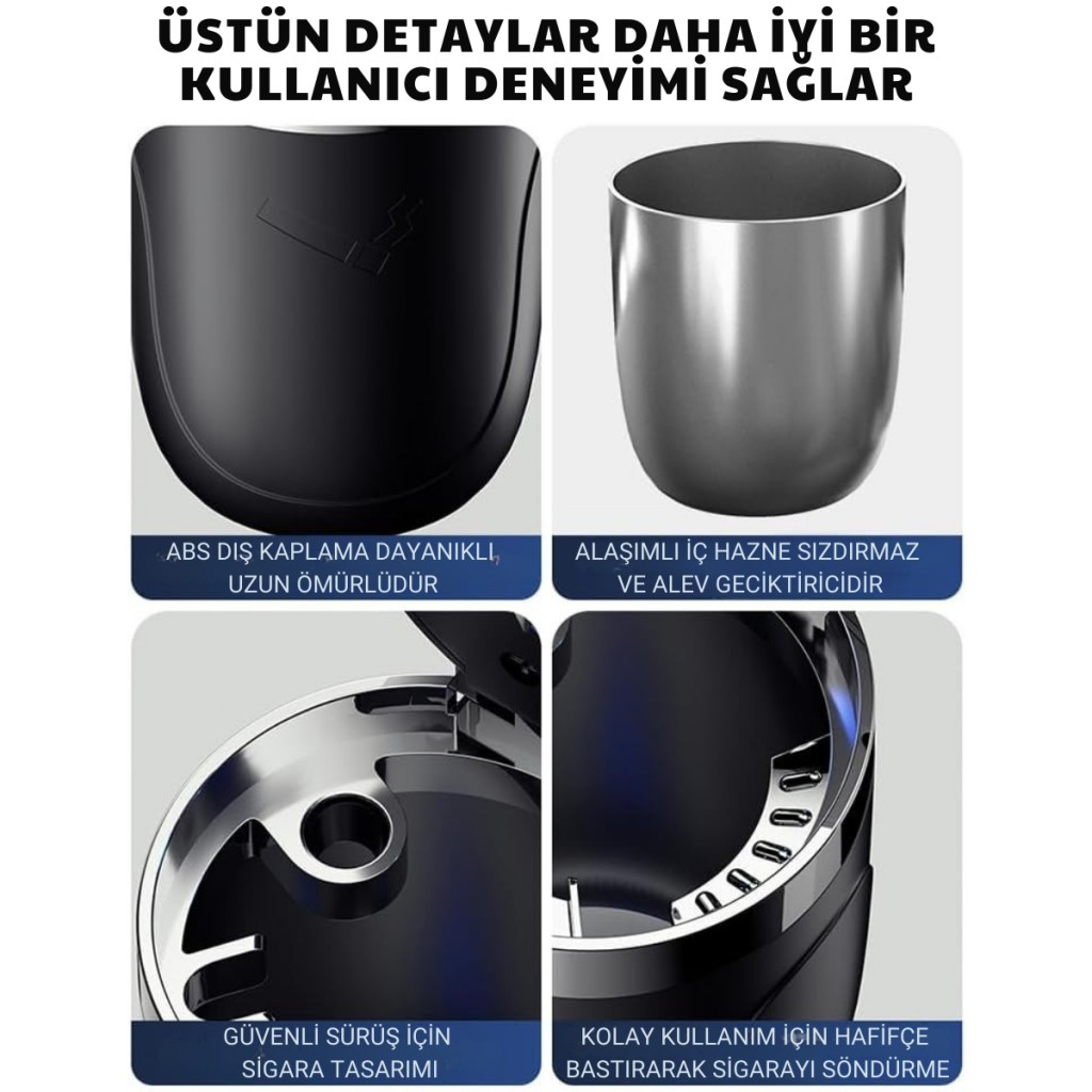 Polham Premium Araç Küllük,Su Geçirmez, Led Işıklı, Koku Önleyici, Kapaklı, Yıkanabilir, Su Geçirmez