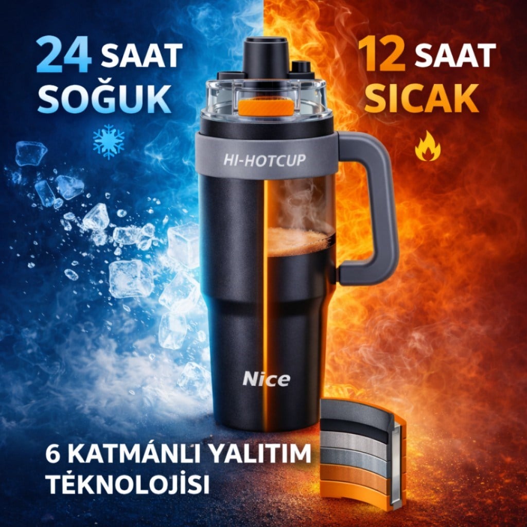 Polham Premium Pipetli Termos 1250 ML – 6 Katman Yalıtım, Çift İçim Modu, Sızdırmaz Kapak, 24 Saat Soğuk / 12 Saat Sıcak