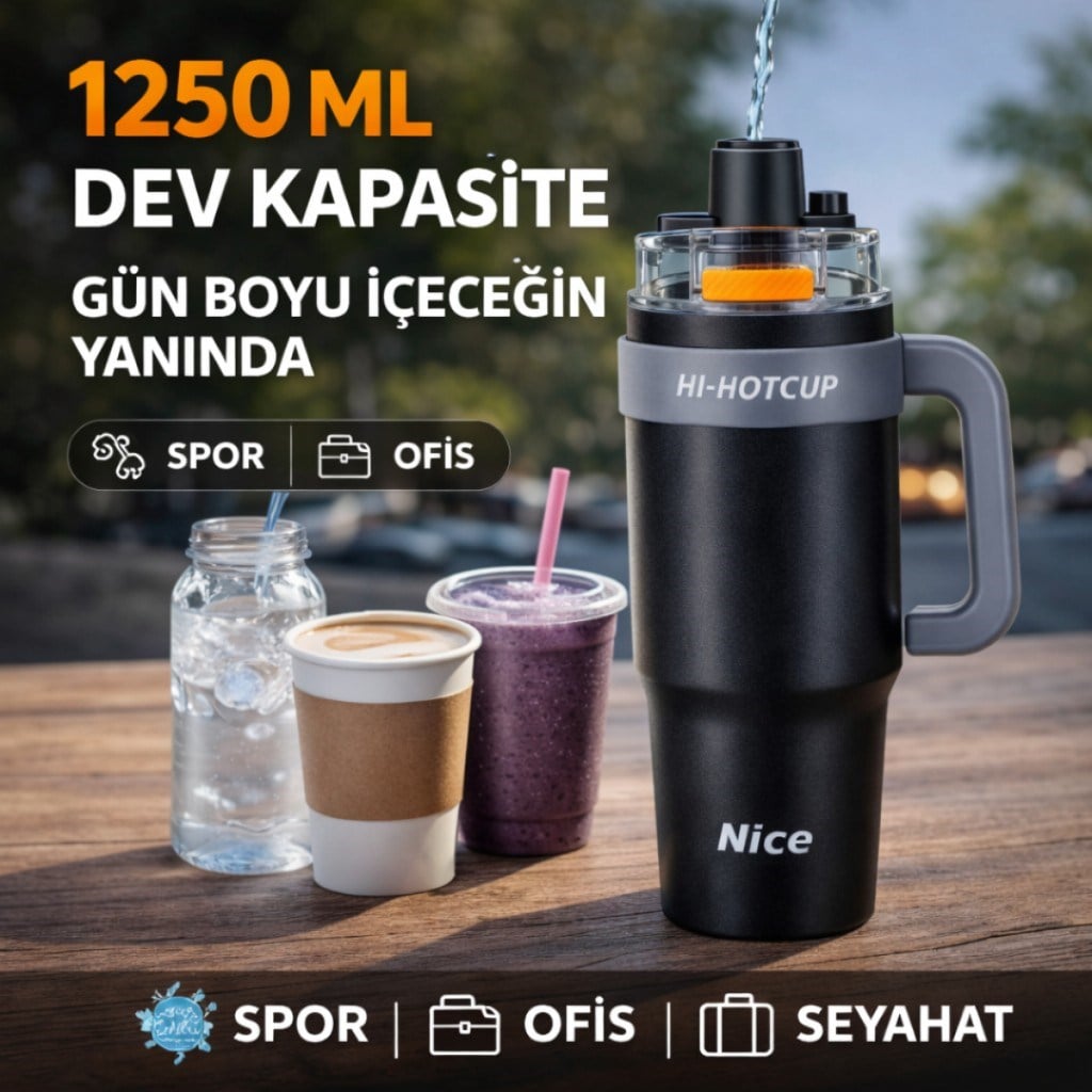 Polham Premium Pipetli Termos 1250 ML – 6 Katman Yalıtım, Çift İçim Modu, Sızdırmaz Kapak, 24 Saat Soğuk / 12 Saat Sıcak