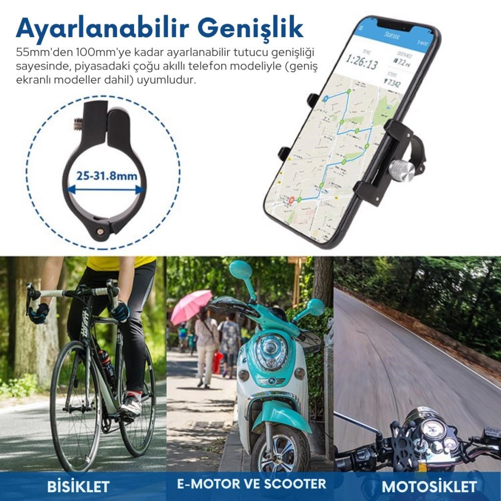 Polham Pro Seri Gidon Uyumlu Motorsiklet Telefon Tutucu, Bisiklet, Scooter Uyumlu Sıkıştırmalı Tutucu