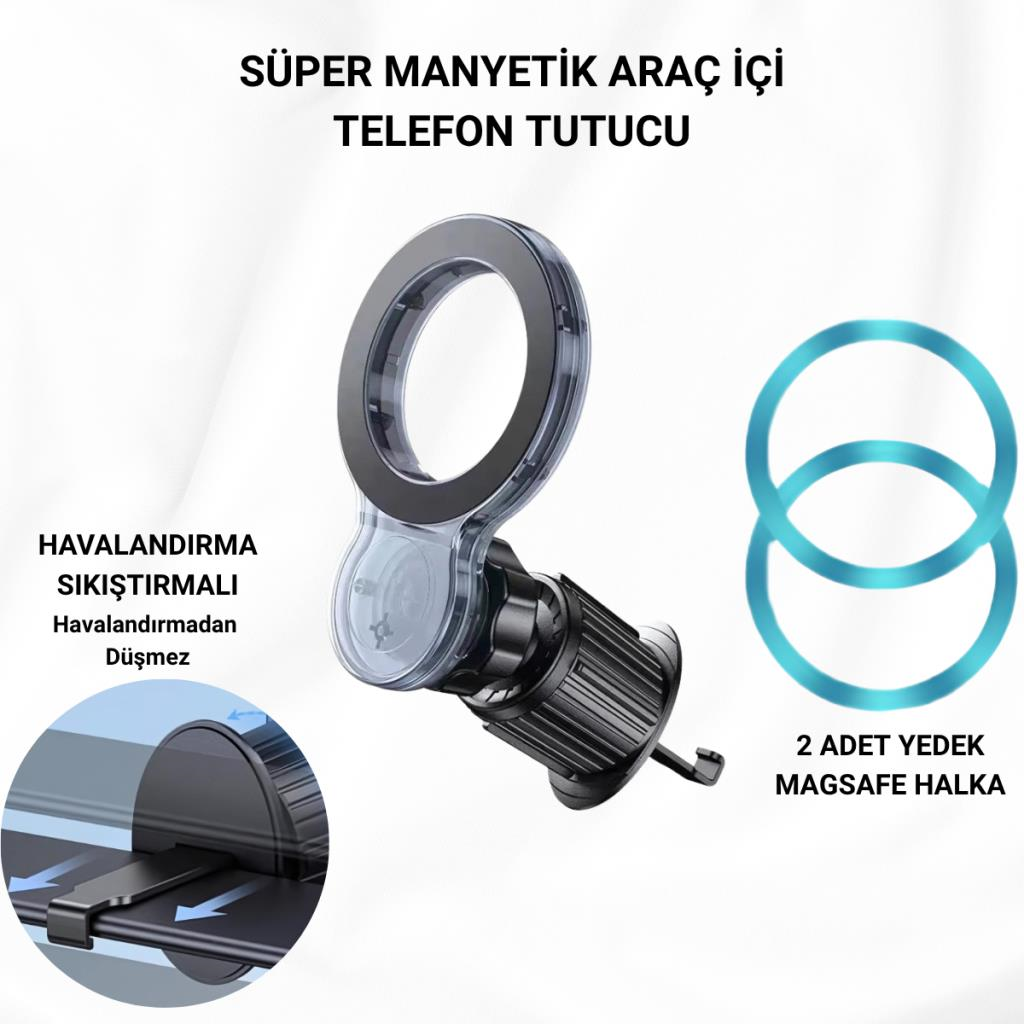 Polham Pro Süper Manyetik Araç İçi Telefon Tutucu, Havalandırma Sıkıştırmalı Stabil Telefon Tutucu