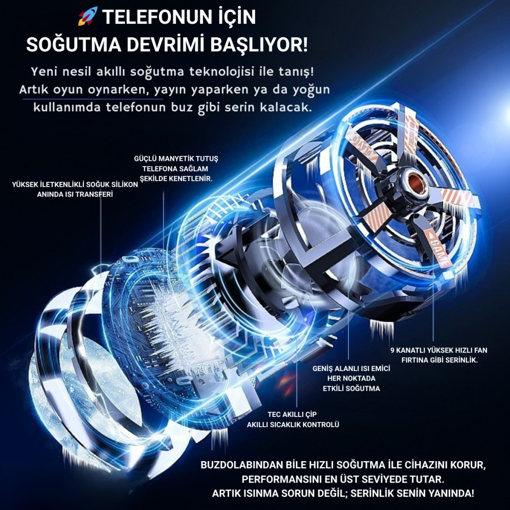 Polham Profesyonel 7000RPM Turbo Buz Tipi Manyetik Telefon Soğutucu | MagSafe Uyumlu, RBG LED Işıklı