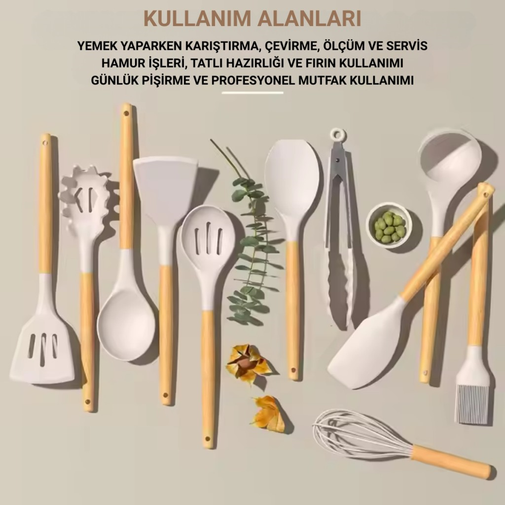Polham Profesyonel Tam Set 33 Parça BPA İçermez Ahşap Saplı Slikon Mutfak Servis Seti, Servis ve Kevir Seti