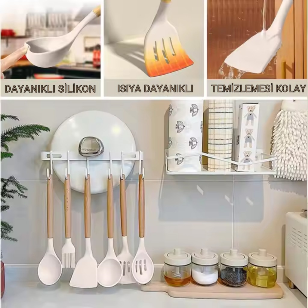 Polham Profesyonel Tam Set 33 Parça BPA İçermez Ahşap Saplı Slikon Mutfak Servis Seti, Servis ve Kevir Seti