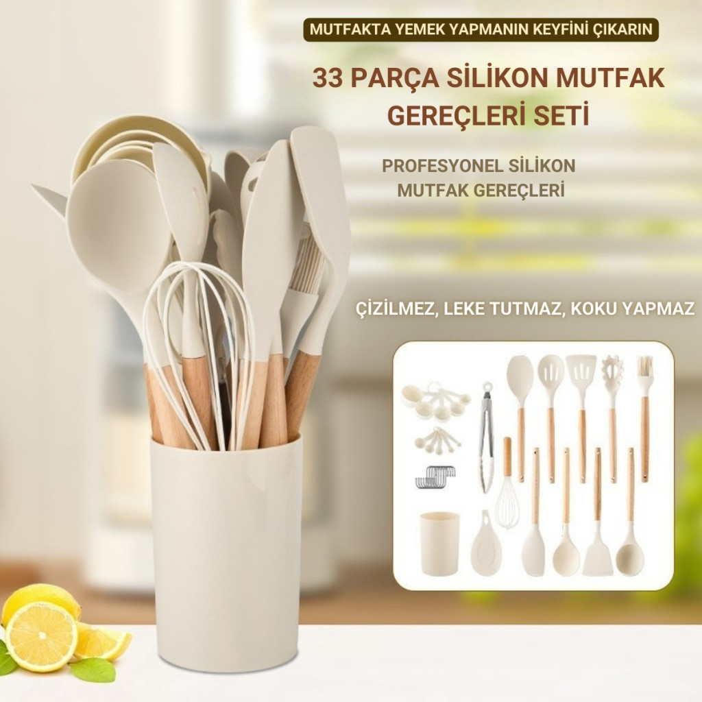Polham Profesyonel Tam Set 33 Parça BPA İçermez Ahşap Saplı Slikon Mutfak Servis Seti, Servis ve Kevir Seti