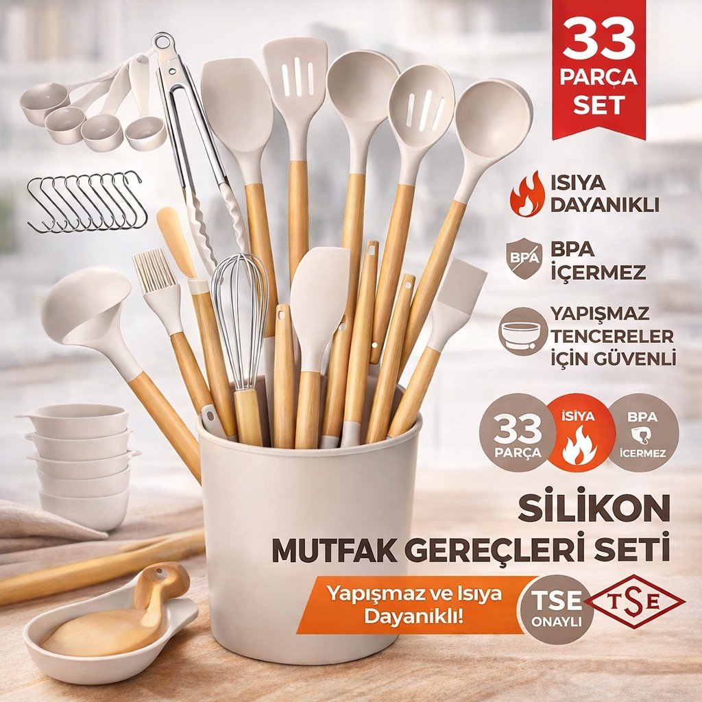 Polham Profesyonel Tam Set 33 Parça BPA İçermez Ahşap Saplı Slikon Mutfak Servis Seti, Servis ve Kevir Seti