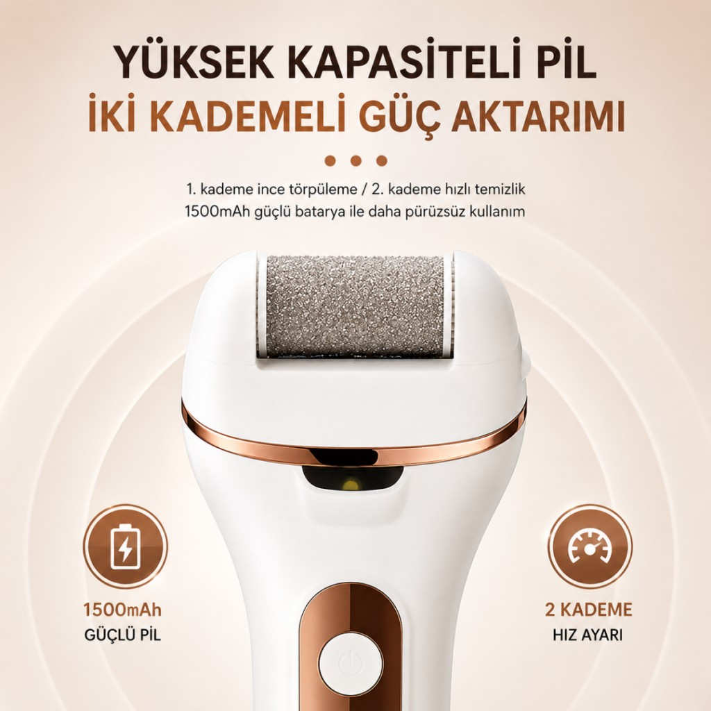 Polham Şarjlı 9 Parça Ayak Bakım Törpüsü - Led Işıklı - Islak ve Kuru Kullanım - 2 Kademeli - Dönen Başlıklı