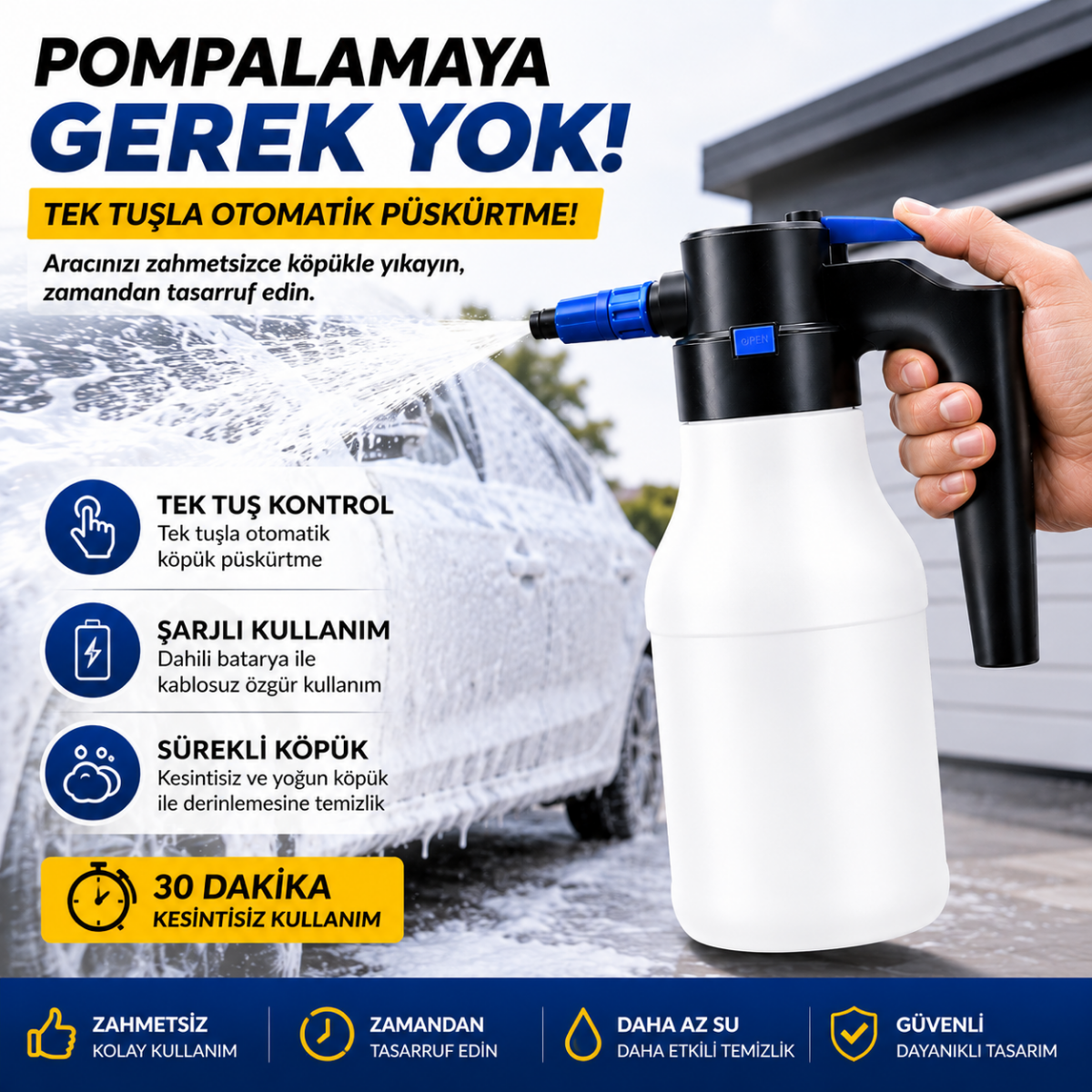 Polham Şarjlı Otomatik 1.5 Litre Yüksek Basınçlı Araç Yıkama Köpük Püskürtücü El Pompası, Otomobil Temizleme Pompası