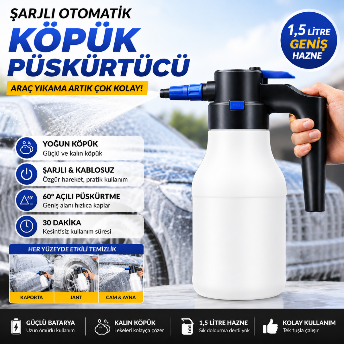 Polham Şarjlı Otomatik 1.5 Litre Yüksek Basınçlı Araç Yıkama Köpük Püskürtücü El Pompası, Otomobil Temizleme Pompası