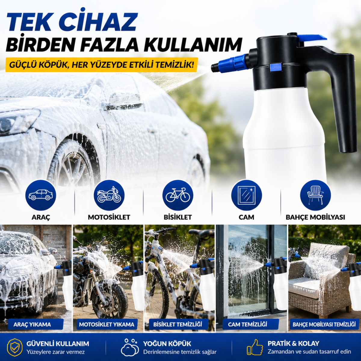 Polham Şarjlı Otomatik 1.5 Litre Yüksek Basınçlı Araç Yıkama Köpük Püskürtücü El Pompası, Otomobil Temizleme Pompası