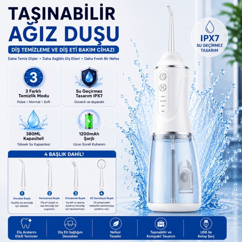 Polham Taşınabilir Şarjlı Ağız Duşu 380 ML – Diş ve Diş Eti Bakım Cihazı ,1200 mAh, IPX7 Su Geçirmez, 3 Temizlik Modlu, 4 Başlıklı
