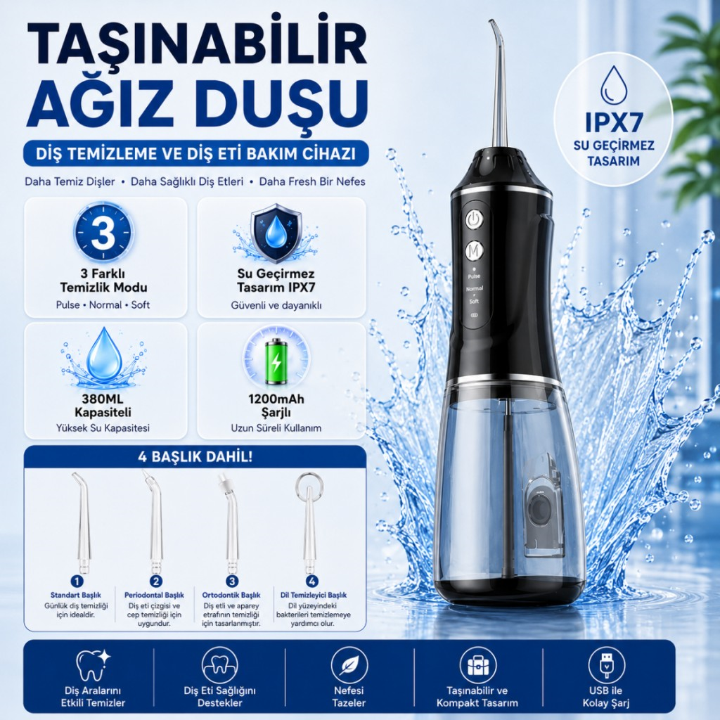 Polham Taşınabilir Şarjlı Ağız Duşu 380 ML – Diş ve Diş Eti Bakım Cihazı ,1200 mAh, IPX7 Su Geçirmez, 3 Temizlik Modlu, 4 Başlıklı