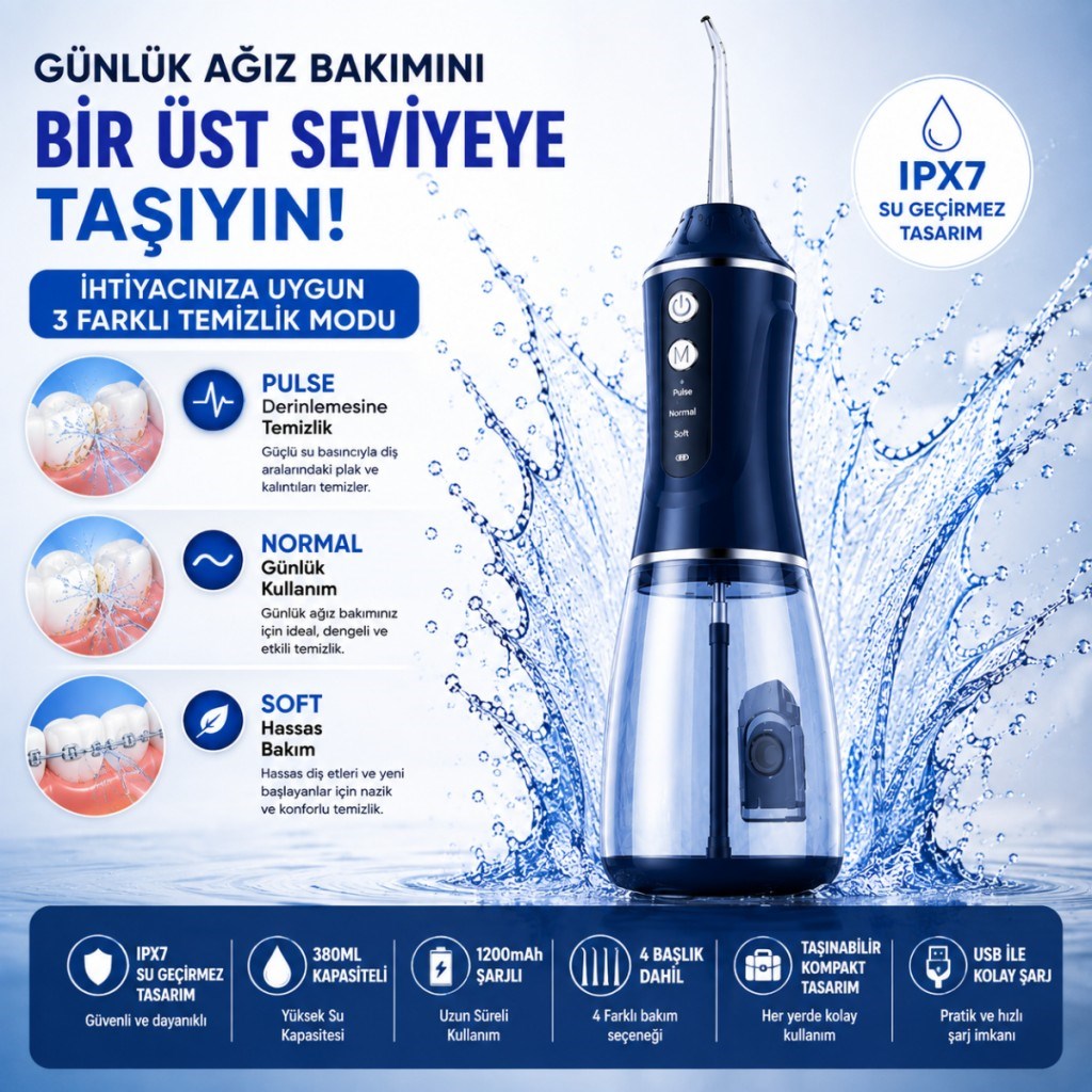 Polham Taşınabilir Şarjlı Ağız Duşu 380 ML – Diş ve Diş Eti Bakım Cihazı ,1200 mAh, IPX7 Su Geçirmez, 3 Temizlik Modlu, 4 Başlıklı