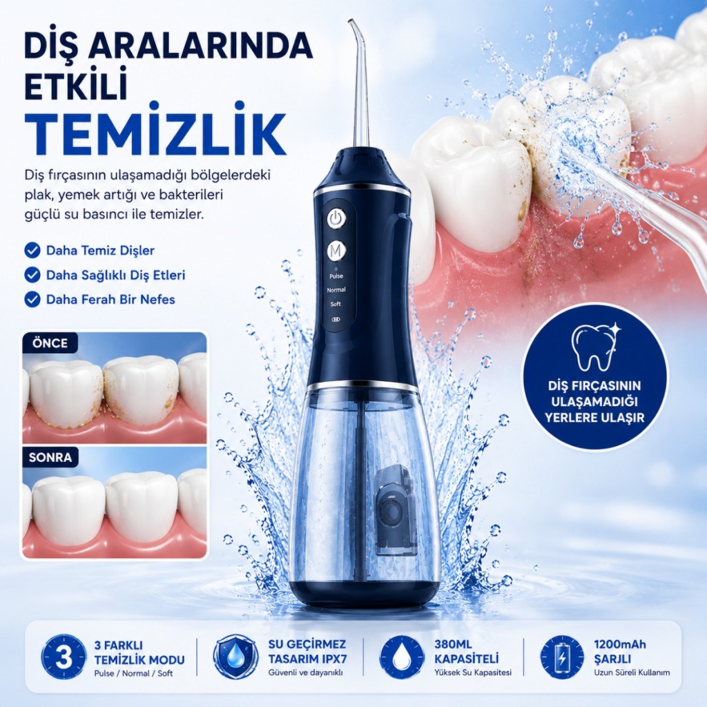 Polham Taşınabilir Şarjlı Ağız Duşu 380 ML – Diş ve Diş Eti Bakım Cihazı ,1200 mAh, IPX7 Su Geçirmez, 3 Temizlik Modlu, 4 Başlıklı