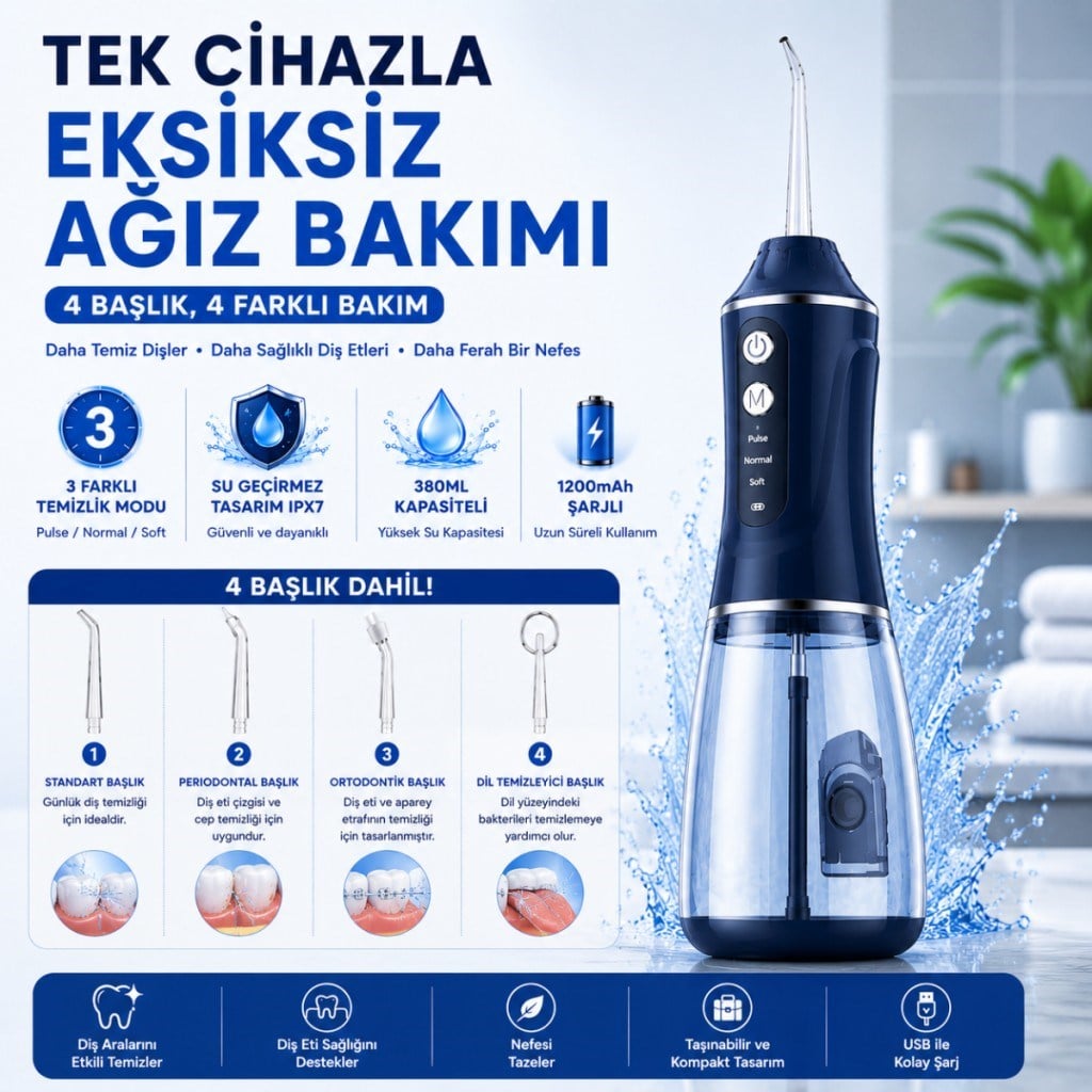 Polham Taşınabilir Şarjlı Ağız Duşu 380 ML – Diş ve Diş Eti Bakım Cihazı ,1200 mAh, IPX7 Su Geçirmez, 3 Temizlik Modlu, 4 Başlıklı