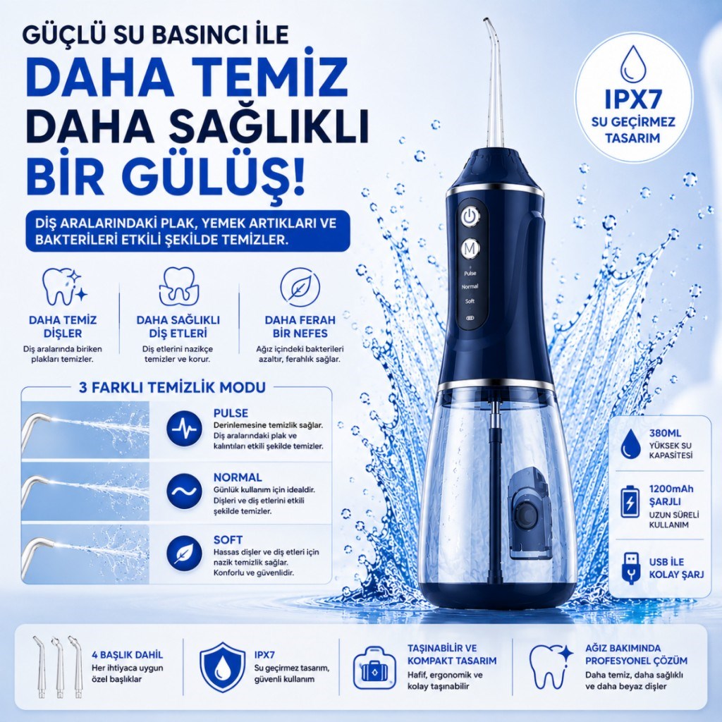 Polham Taşınabilir Şarjlı Ağız Duşu 380 ML – Diş ve Diş Eti Bakım Cihazı ,1200 mAh, IPX7 Su Geçirmez, 3 Temizlik Modlu, 4 Başlıklı
