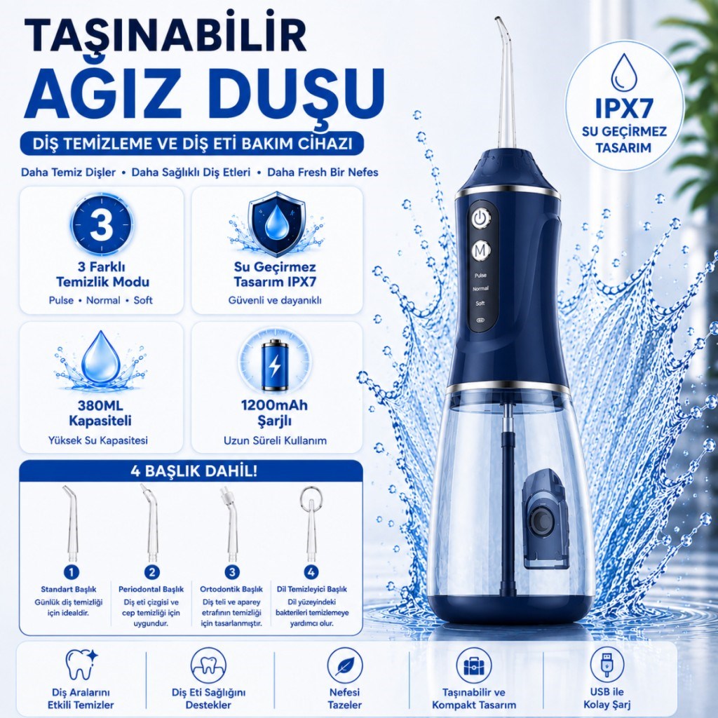 Polham Taşınabilir Şarjlı Ağız Duşu 380 ML – Diş ve Diş Eti Bakım Cihazı ,1200 mAh, IPX7 Su Geçirmez, 3 Temizlik Modlu, 4 Başlıklı