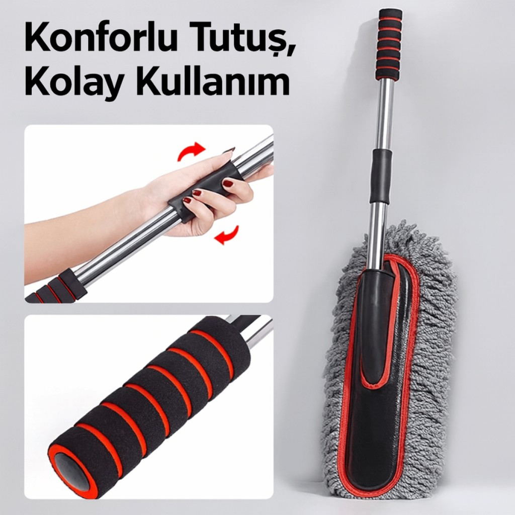 Polham Teleskopik Saplı 2 Adet Temizlik Fırça Seti – İz Bırakmaz, Çizmez Toz Alma – Mikrofiber Temizlik Fırçası