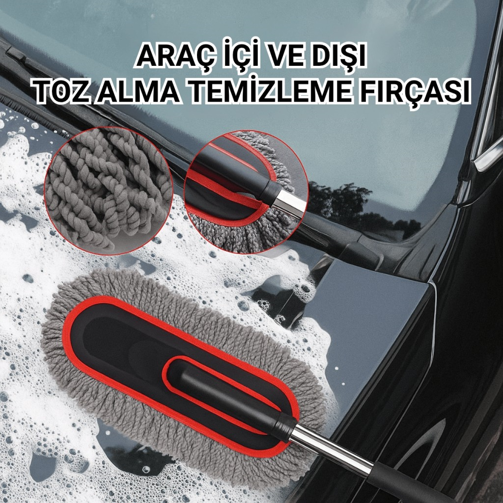 Polham Teleskopik Saplı 2 Adet Temizlik Fırça Seti – İz Bırakmaz, Çizmez Toz Alma – Mikrofiber Temizlik Fırçası