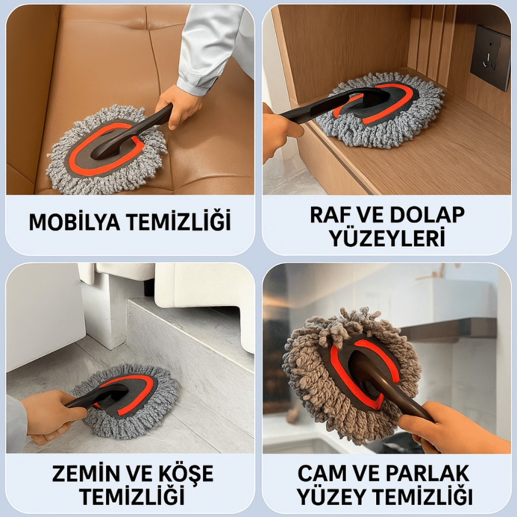 Polham Teleskopik Saplı 2 Adet Temizlik Fırça Seti – İz Bırakmaz, Çizmez Toz Alma – Mikrofiber Temizlik Fırçası
