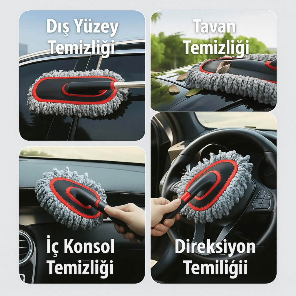 Polham Teleskopik Saplı 2 Adet Temizlik Fırça Seti – İz Bırakmaz, Çizmez Toz Alma – Mikrofiber Temizlik Fırçası