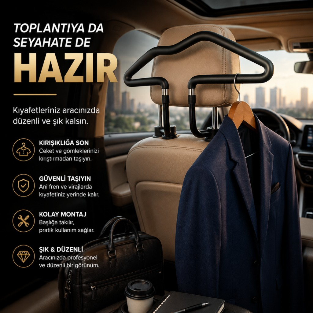 Polham Tüm Araçlara Uyumlu Araç Koltuk Başlığı Elbise Askısı – Ceket, Gömlek ve Takım Elbise İçin Pratik Oto Askısı