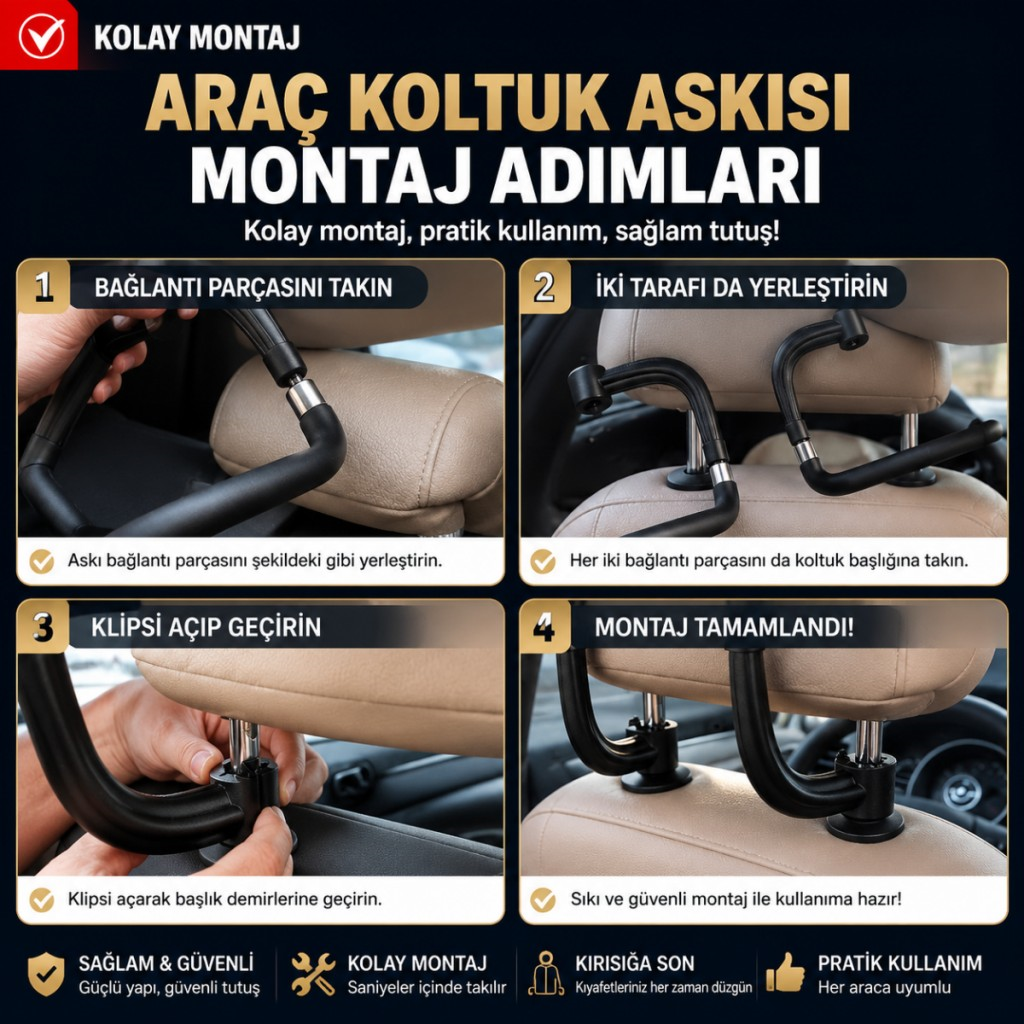 Polham Tüm Araçlara Uyumlu Araç Koltuk Başlığı Elbise Askısı – Ceket, Gömlek ve Takım Elbise İçin Pratik Oto Askısı