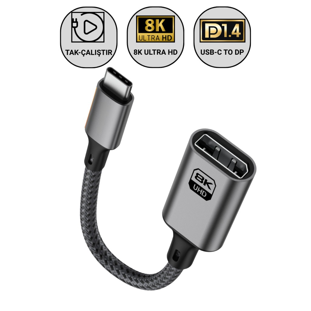 Polham Type C To Displayport Adaptör 8K UHD 60Hz | Dayanıklı Örgü Kablo | Tak-Çalıştır 8K DP Kablosu