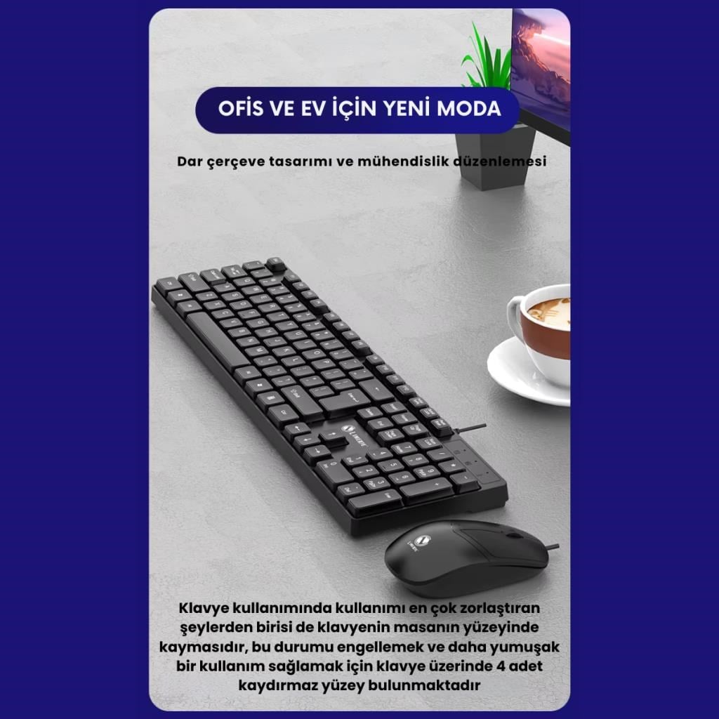 Polham USB Kablolu Sessiz Ofis Ev Tipi Klavye Mouse Seti, Bilek Destekli, Tak Çalıştır Klavye Mouse