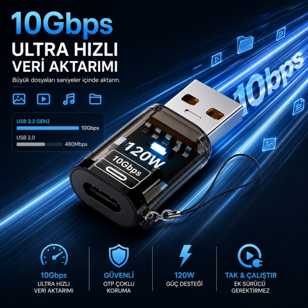 Polham USB to Type-C Dönüştürücü Adaptör 120W Hızlı Şarj 10Gbps Veri Aktarımı USB 3.2 Gen2 OTG Şeffaf