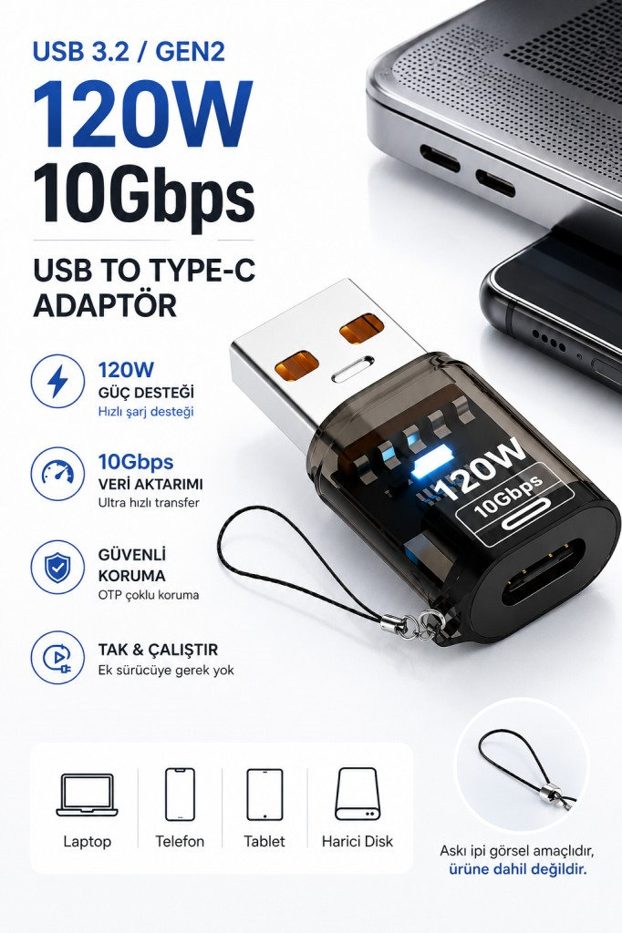 Polham USB to Type-C Dönüştürücü Adaptör 120W Hızlı Şarj 10Gbps Veri Aktarımı USB 3.2 Gen2 OTG Şeffaf