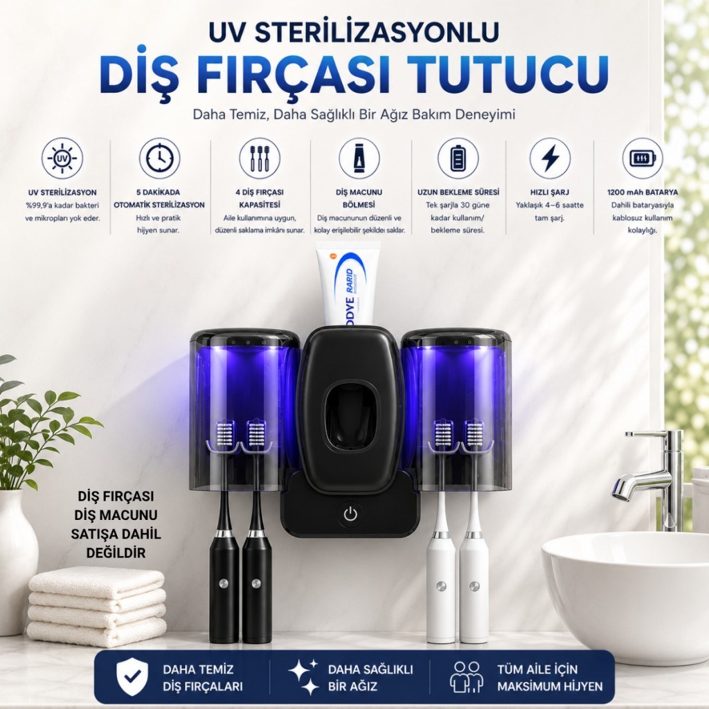 Polham UV Sterilizasyonlu Diş Fırçası Tutucu – 4 Fırça Kapasiteli, Otomatik UV Hijyen, 1200 mAh Şarjlı
