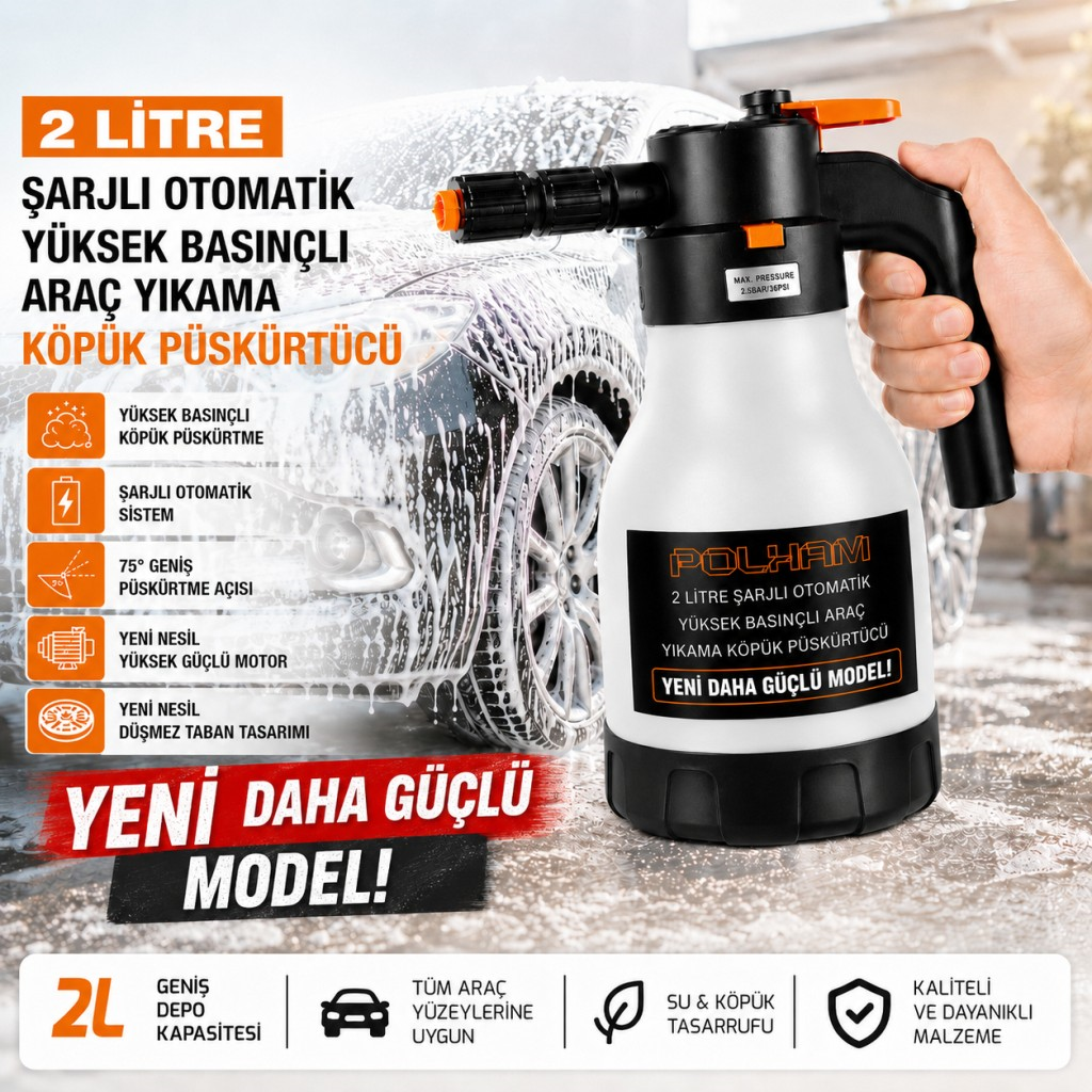 Polham Yeni Nesil 2 Litre Şarjlı Otomatik Basınçlı Araç Yıkama Köpük Püskürtücü, Araç, Jant, Bahçe Yıkama Pompası