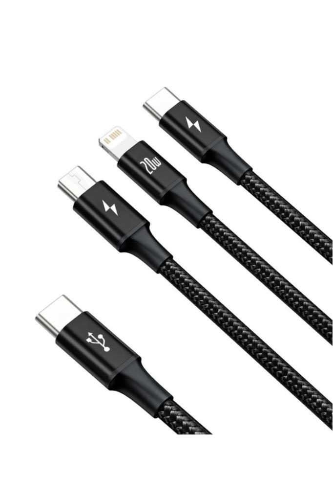 Rapid Serisi Usb-c Kablo 3in1 Mikro Usb/lightning/usb-c 20w 1,5m Şarj Kablosu Siyah