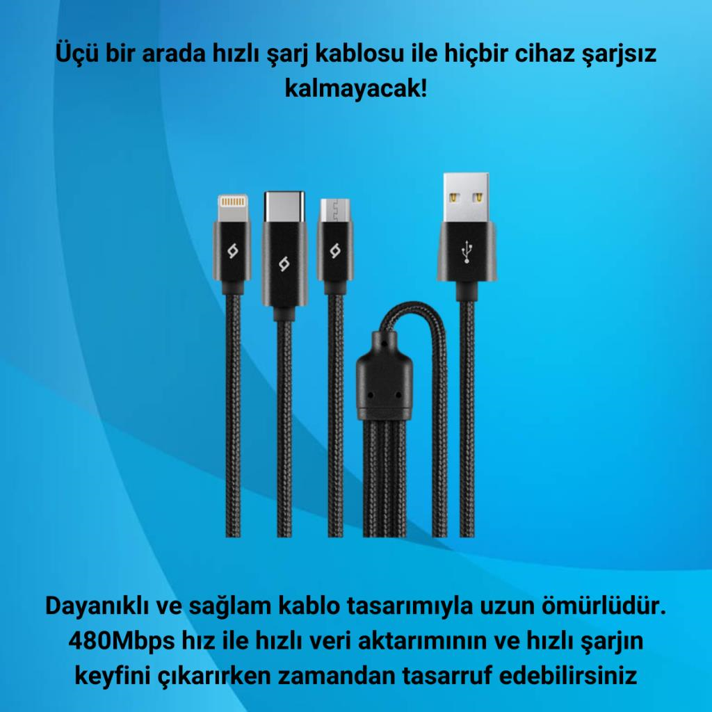 Ttec 100CM 2.1A Süper Hızlı 3in1 USB to Type-C, Lightning, Micro USB Data Şarj Kablosu, Halat Kopmaz