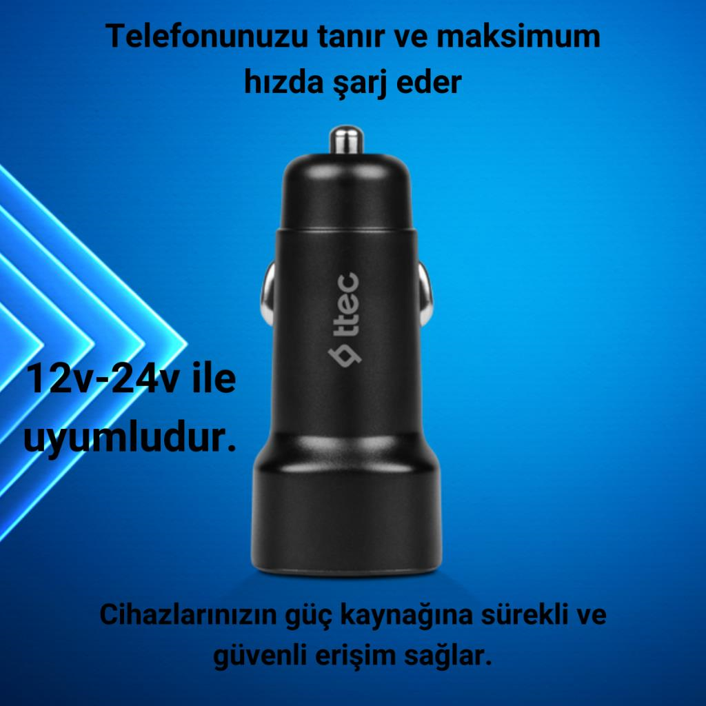 Ttec Süper Hızlı 3.1Amper 2x USB Girişli Araç Şarj Cihazı, 12/24V Çakmaklık Girişli Akım Korumalı
