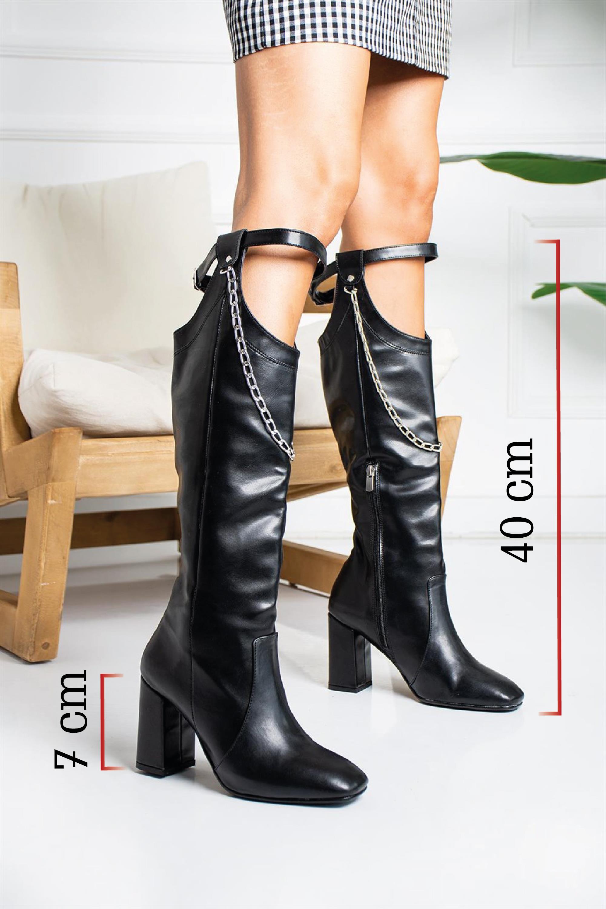 Casper Siyah Deri Topuklu Çizme 