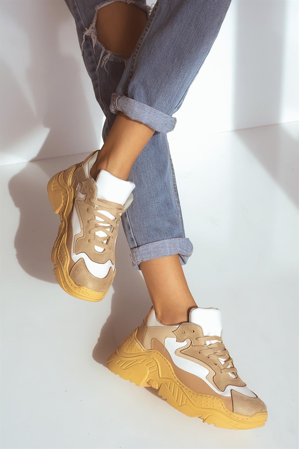 joile Bej Mat Bağlı Kalın Taban Kadın Sneakers Spor Ayakkabı
