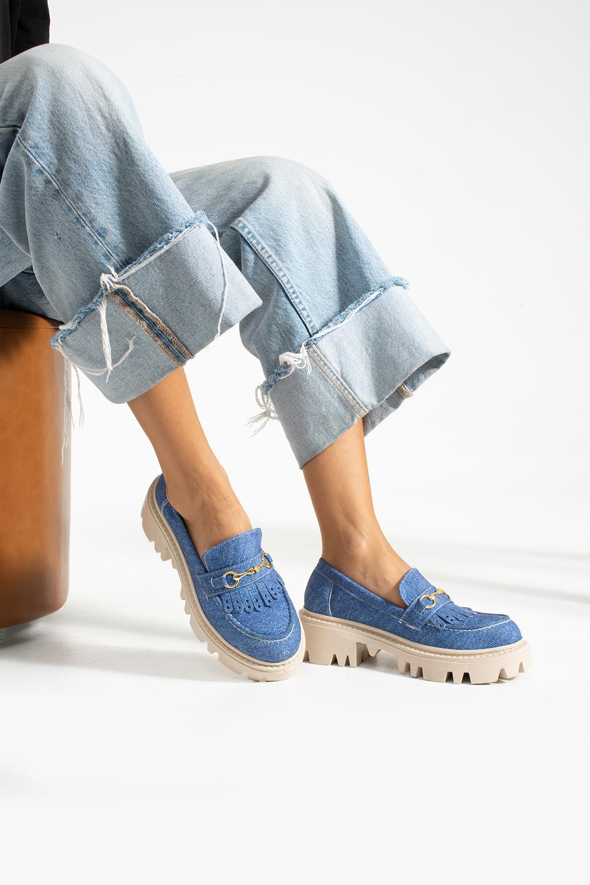 KENT MAVİ KOT İNCE TOKALI KADIN LOAFER AYAKKABI