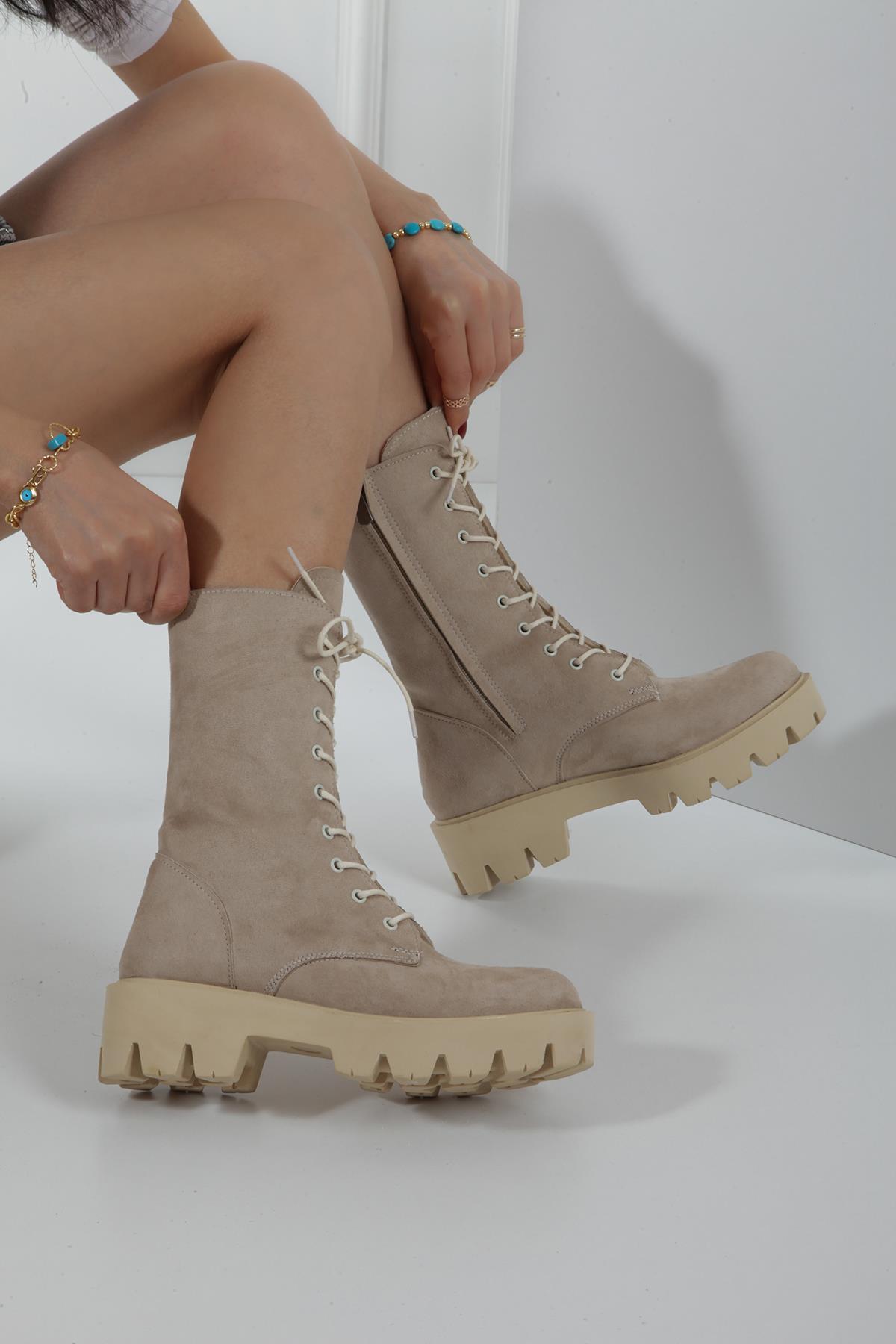 Mia Nude Süet Nude Taban Bağcıklı fermuarlı Bot 