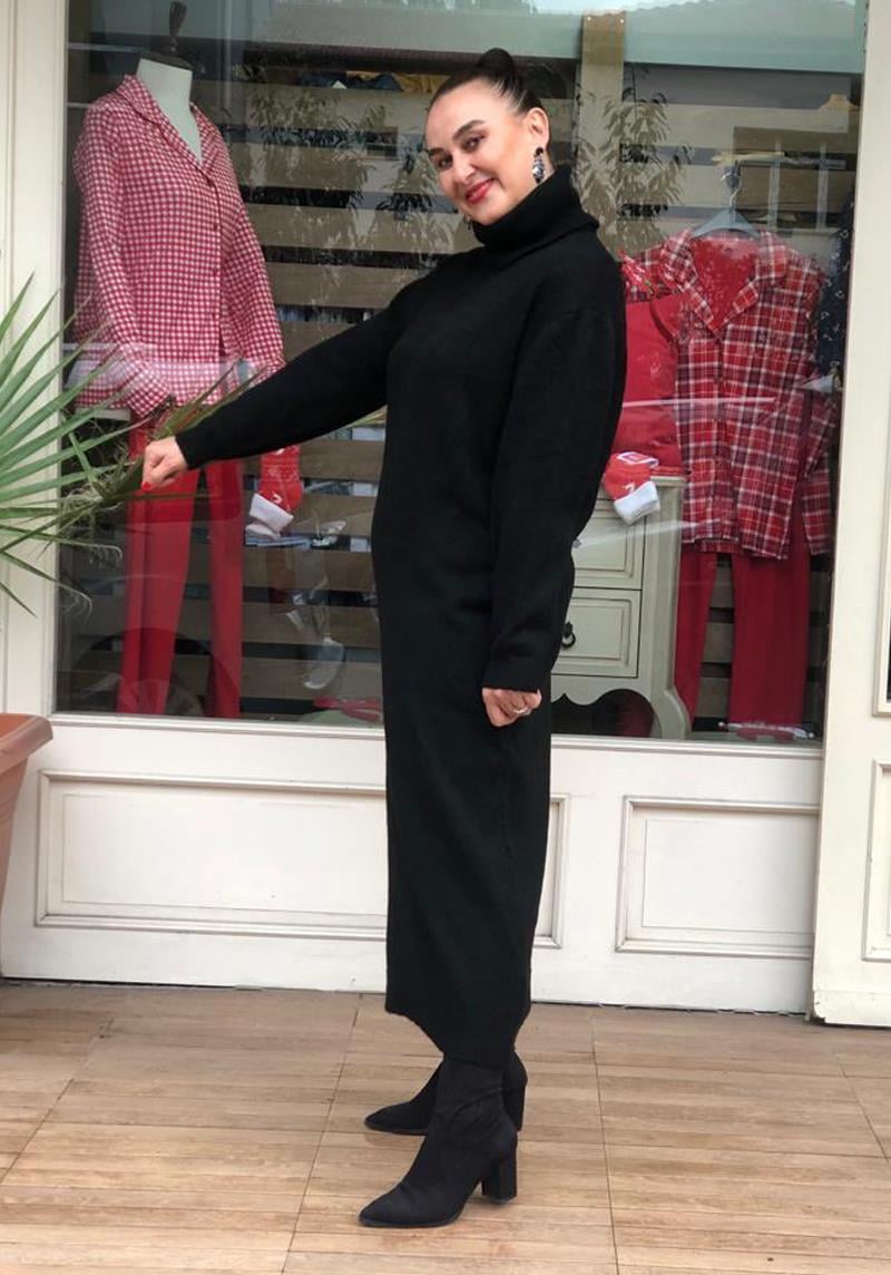 Balıkçı Yaka Boğazlı Tiriko Elbise