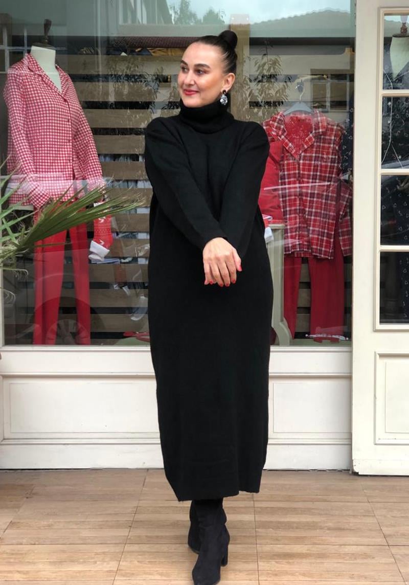 Balıkçı Yaka Boğazlı Tiriko Elbise