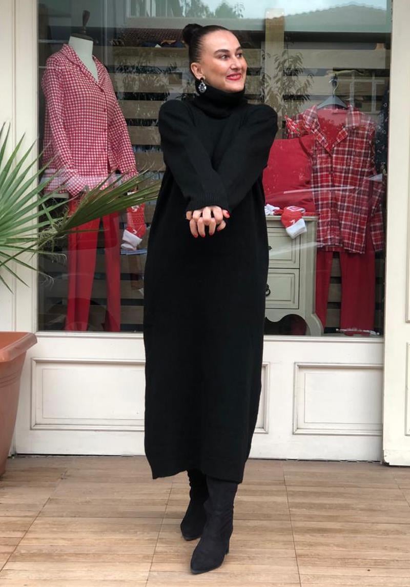 Balıkçı Yaka Boğazlı Tiriko Elbise